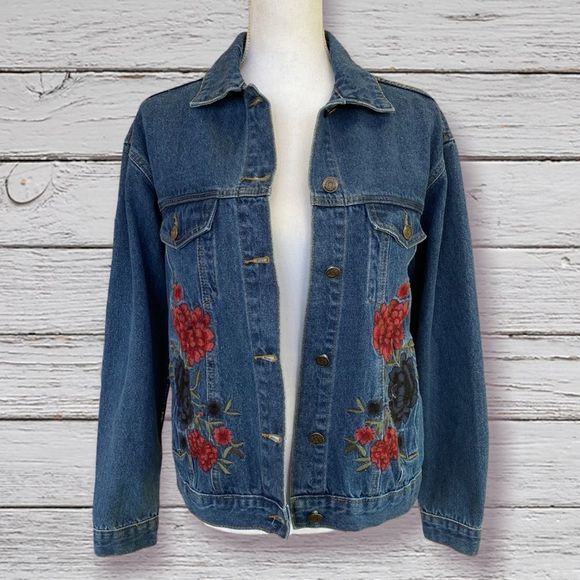 Sadie & Sage Jackets & Blazers - SADIE & SAGE | Embroidered Roses Buttons Collar Blue Denim Jean Jacket Size M L